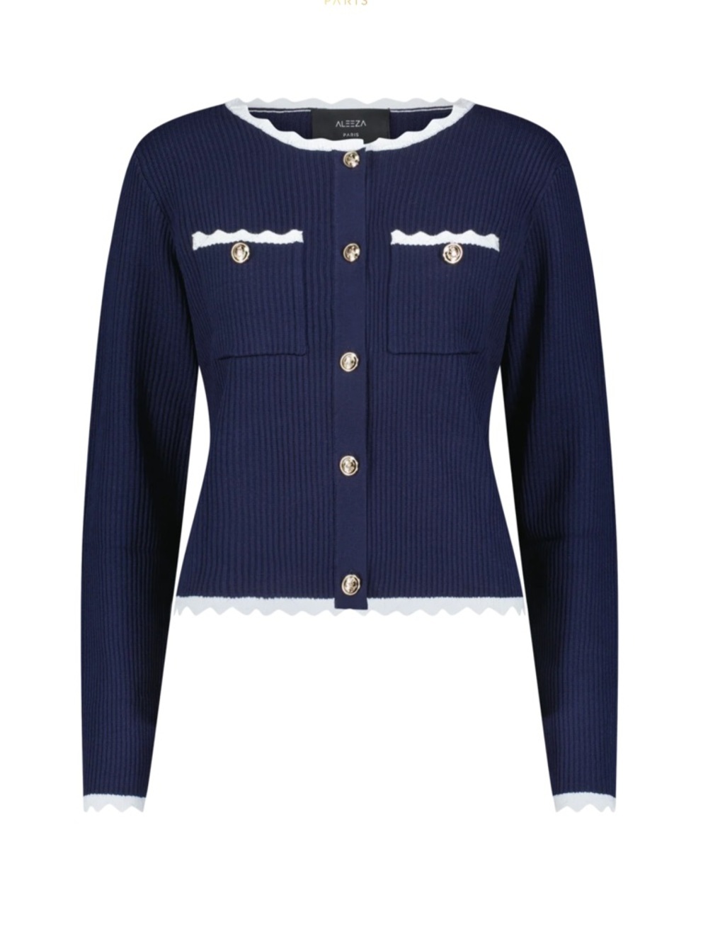Aleeza Paris (Set) Londyn Navy Ribbed Cardigan and Skirt With White Trim (Set) - Picture 2 of 4